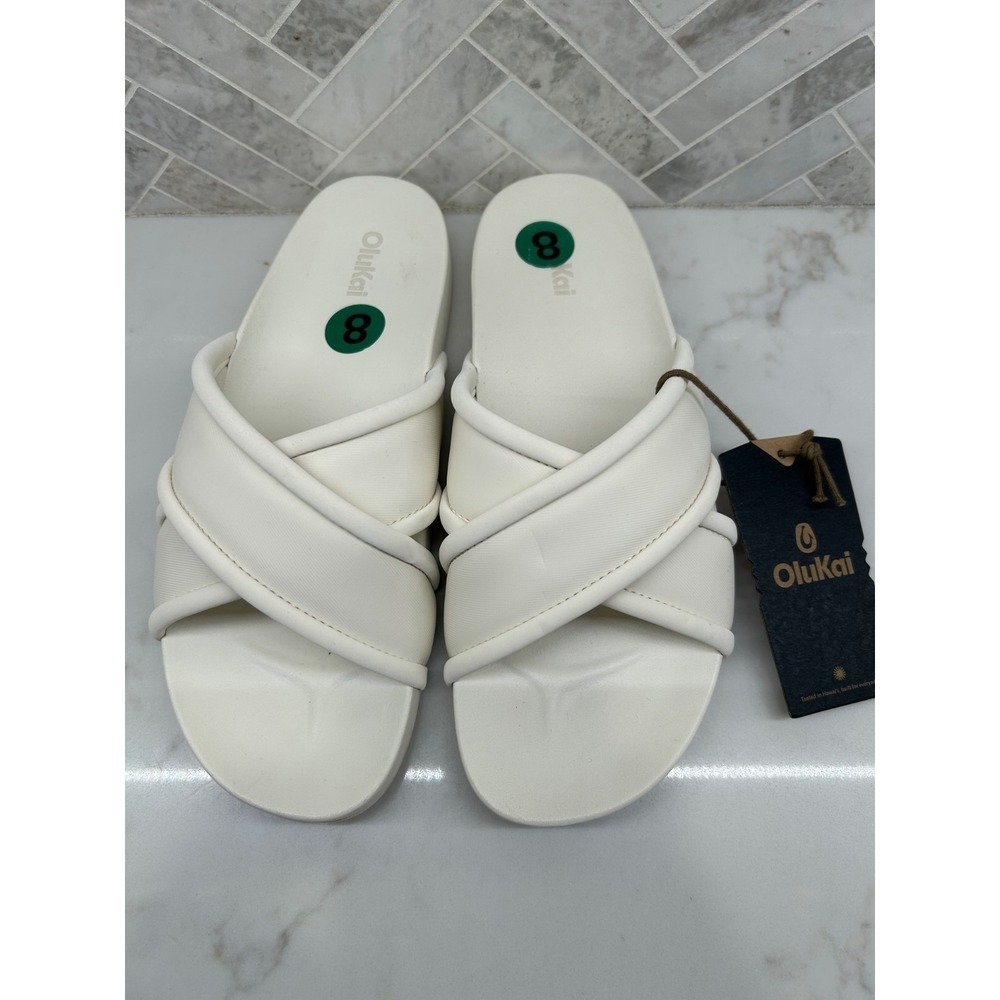 OluKai Ani Slide Sandals Womens Size 8 White Sand Crisscross Slip On Cream